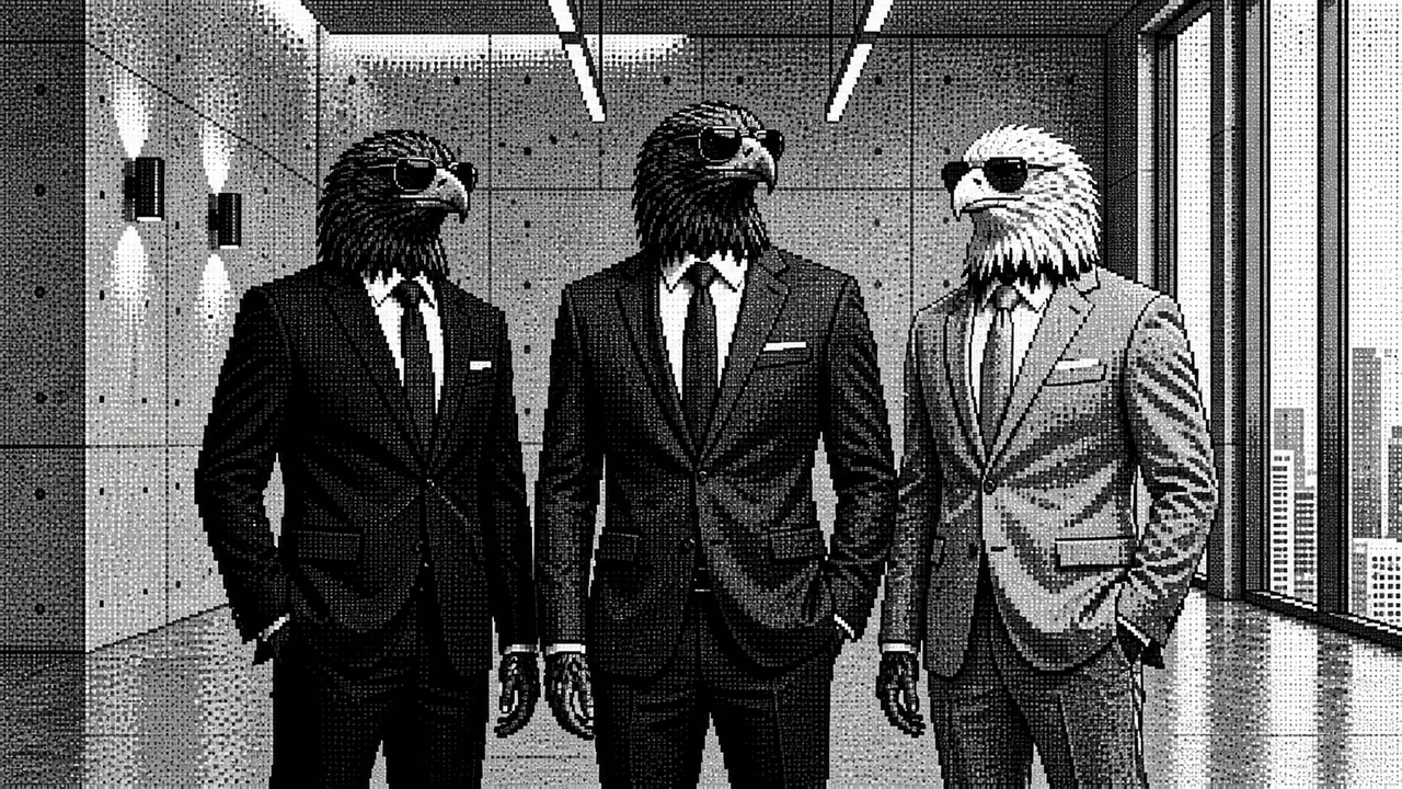 Roberin - About 1 Black-and-white illustration of three eagle characters in suits