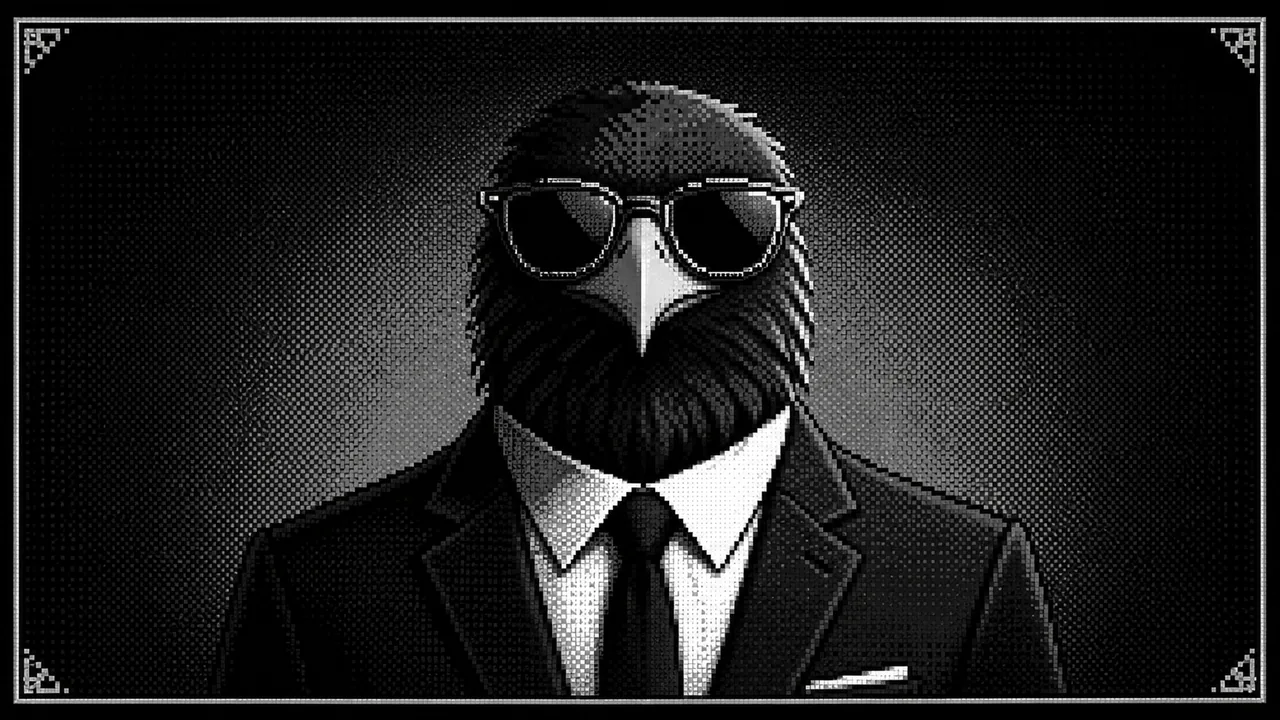 Ilustrasi hitam putih karakter elang berkacamata hitam dan mengenakan jas menghadap ke depan