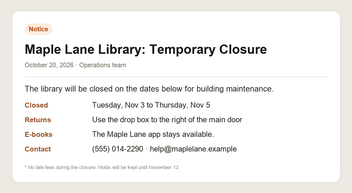 Screenshot of a fictional Maple Lane Library closure notice. It lists the closure dates, how to return books, the e-book app, a contact address and a line of small print.